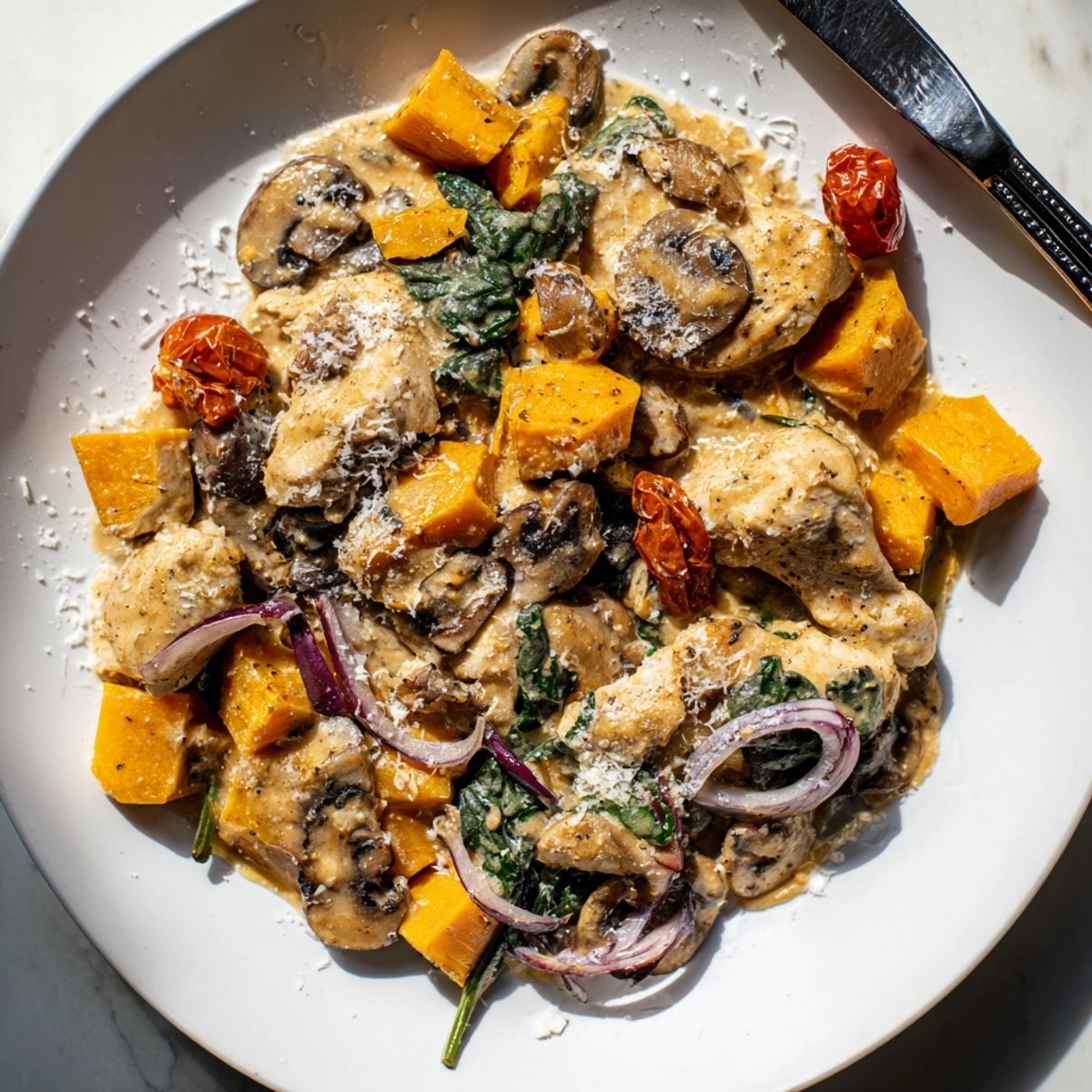 Butternut squash and sun-dried tomatoes highlight this comforting One-Pot Creamy Tuscan Chicken dish.