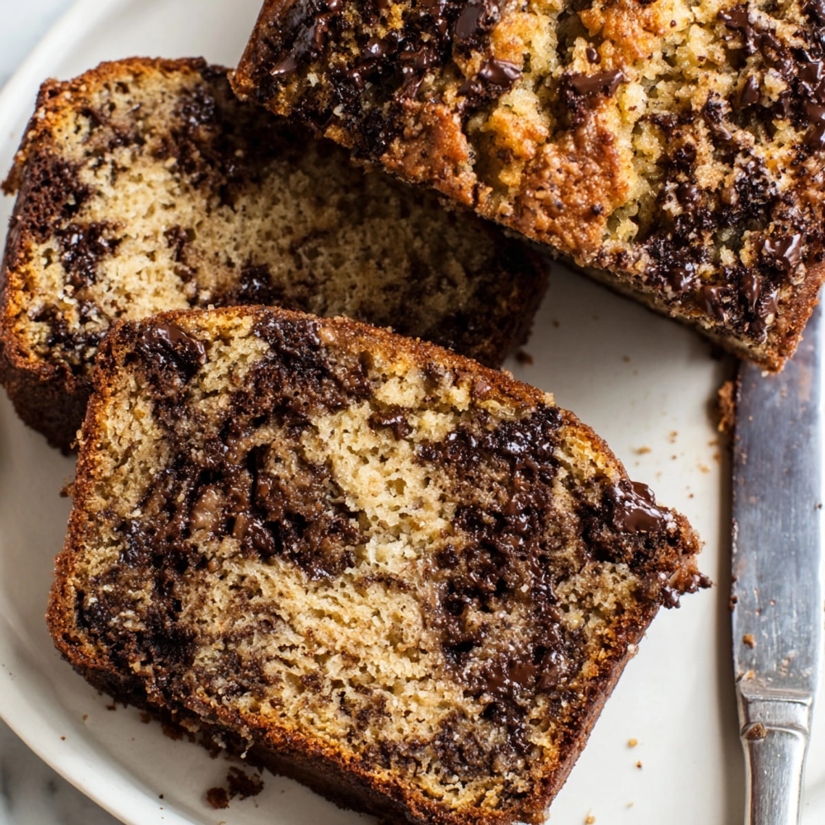 Warm slice of homemade Chocolate Chunk Banana Bread, streaked with caramel and nuts.