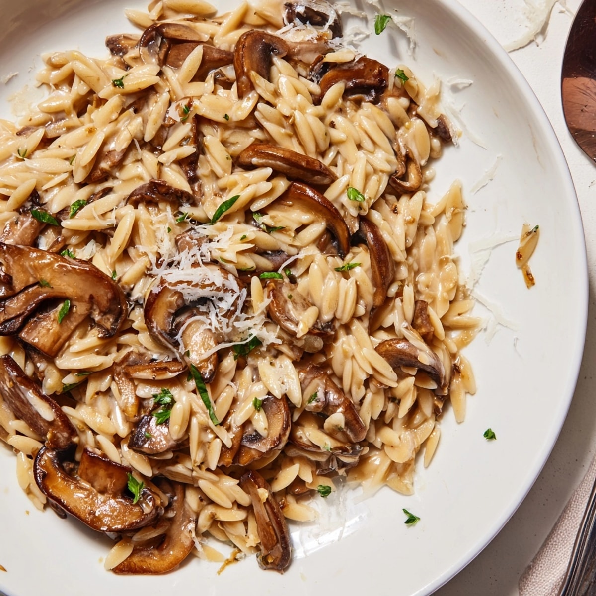 Glistening Creamy Mushroom Orzo, ready to serve—a quick and satisfying weeknight dinner.