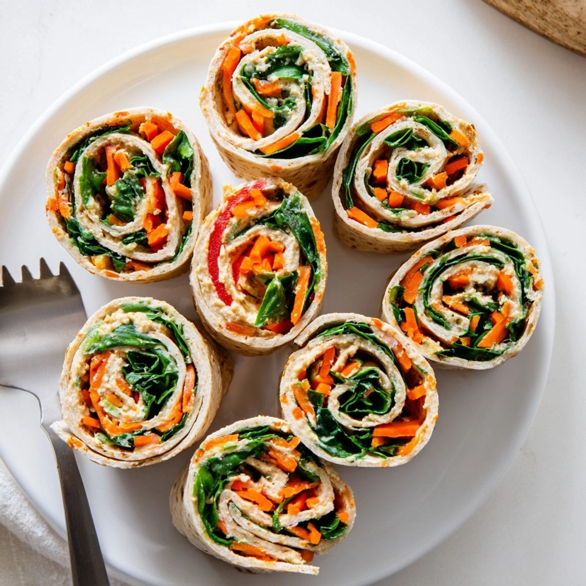 Veggie Hummus Pinwheels: Colorful, bite-sized appetizers featuring vibrant vegetables rolled in soft tortillas.