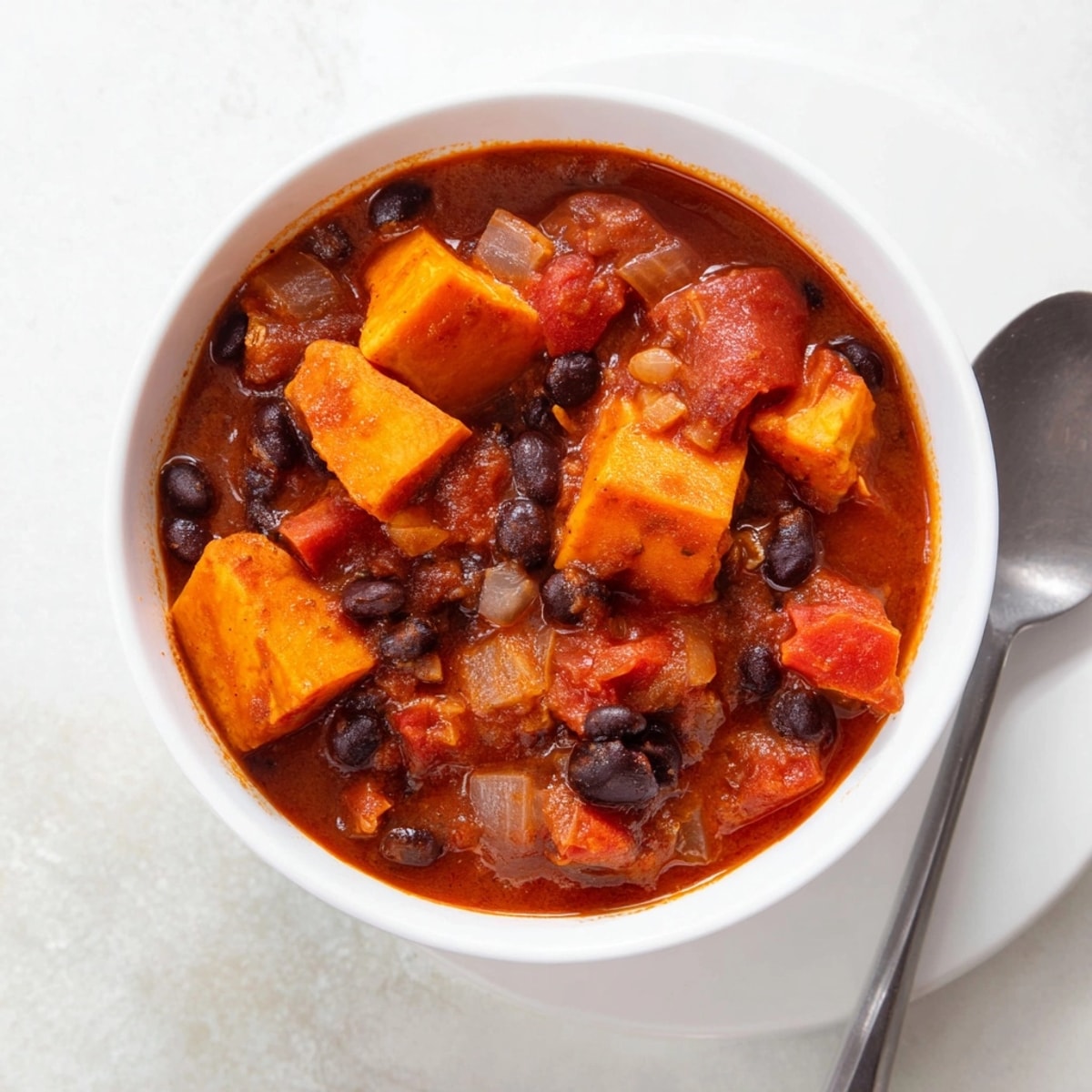 Sweet potato and black bean chili simmers invitingly, ready for a chilly evening meal.