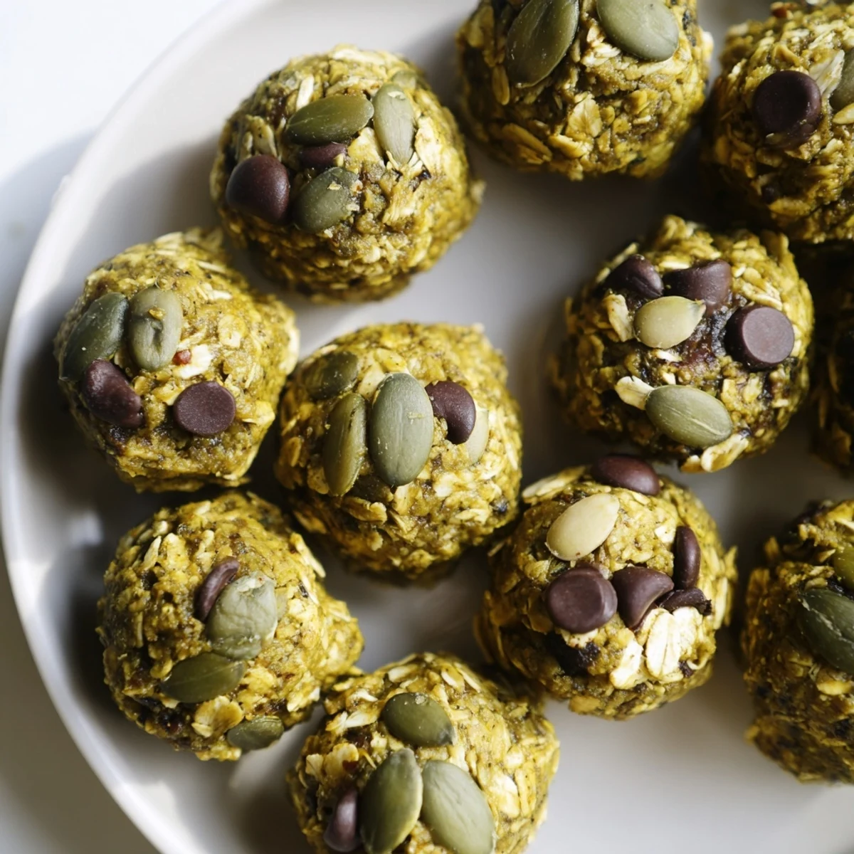Wholesome Matcha Pumpkin Muffin Energy Balls with chocolate chips, perfect for healthy snacking.  