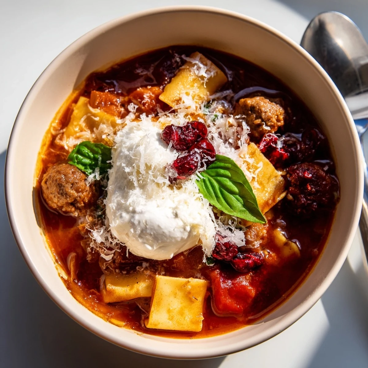 Rich lasagne soup with roasted cranberries, topped with creamy ricotta and mozzarella.  