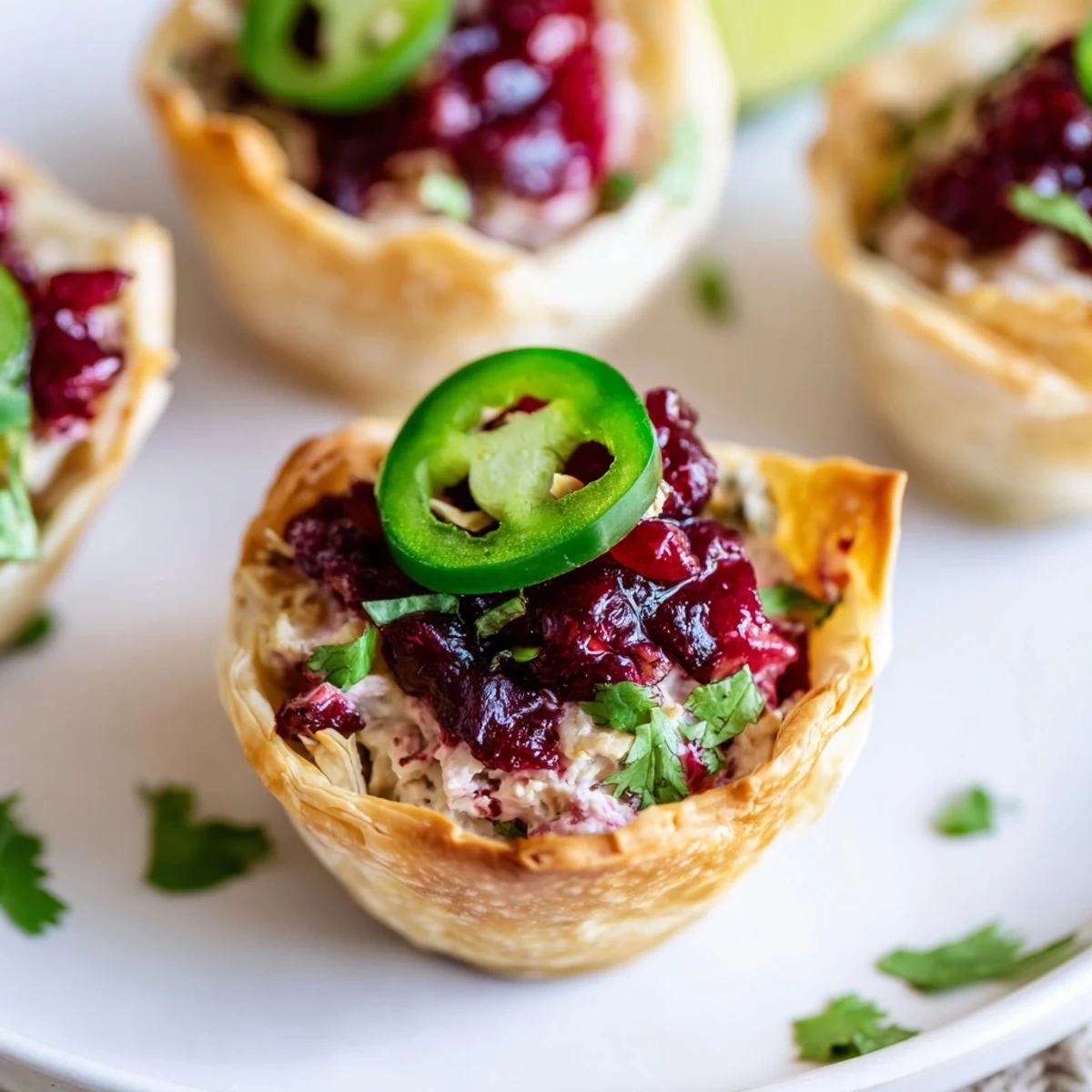 Cranberry Jalapeño Dip Tarts with creamy cheese and festive toppings for holiday gatherings.  