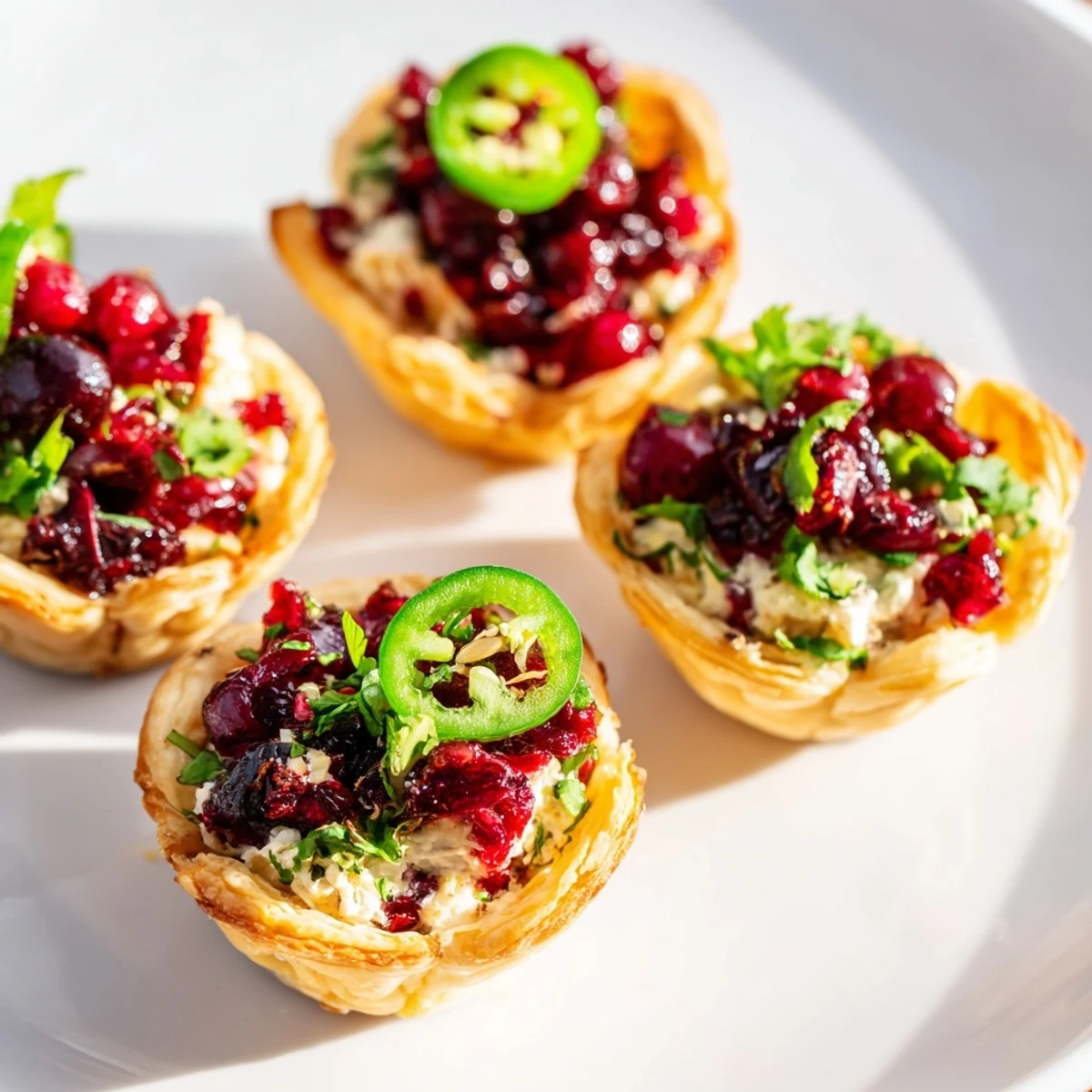 Colorful Cranberry Jalapeño Dip Tarts serve as a delightful bite-sized treat for parties.