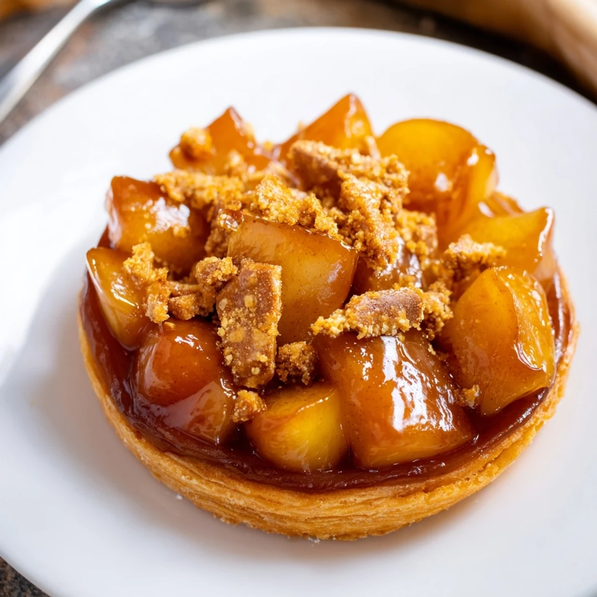 Golden caramel apple tarte tatin drizzled with sweet candy crunch topping.  