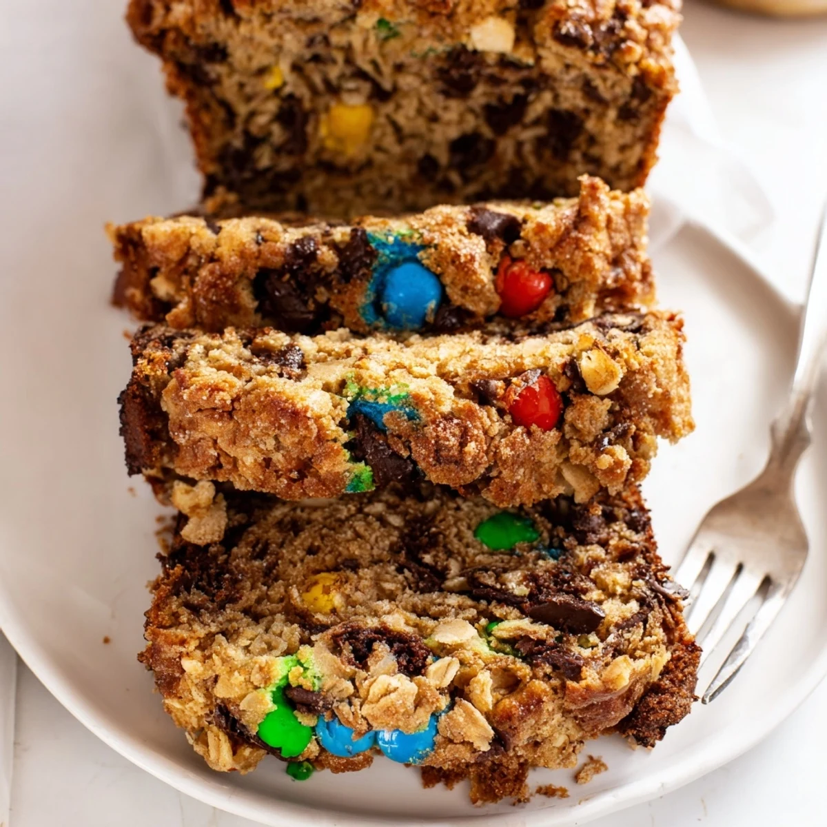 Indulgent Cinnamon Sugar Monster Cookie Loaf, featuring rich chocolate chips and chewy oats.