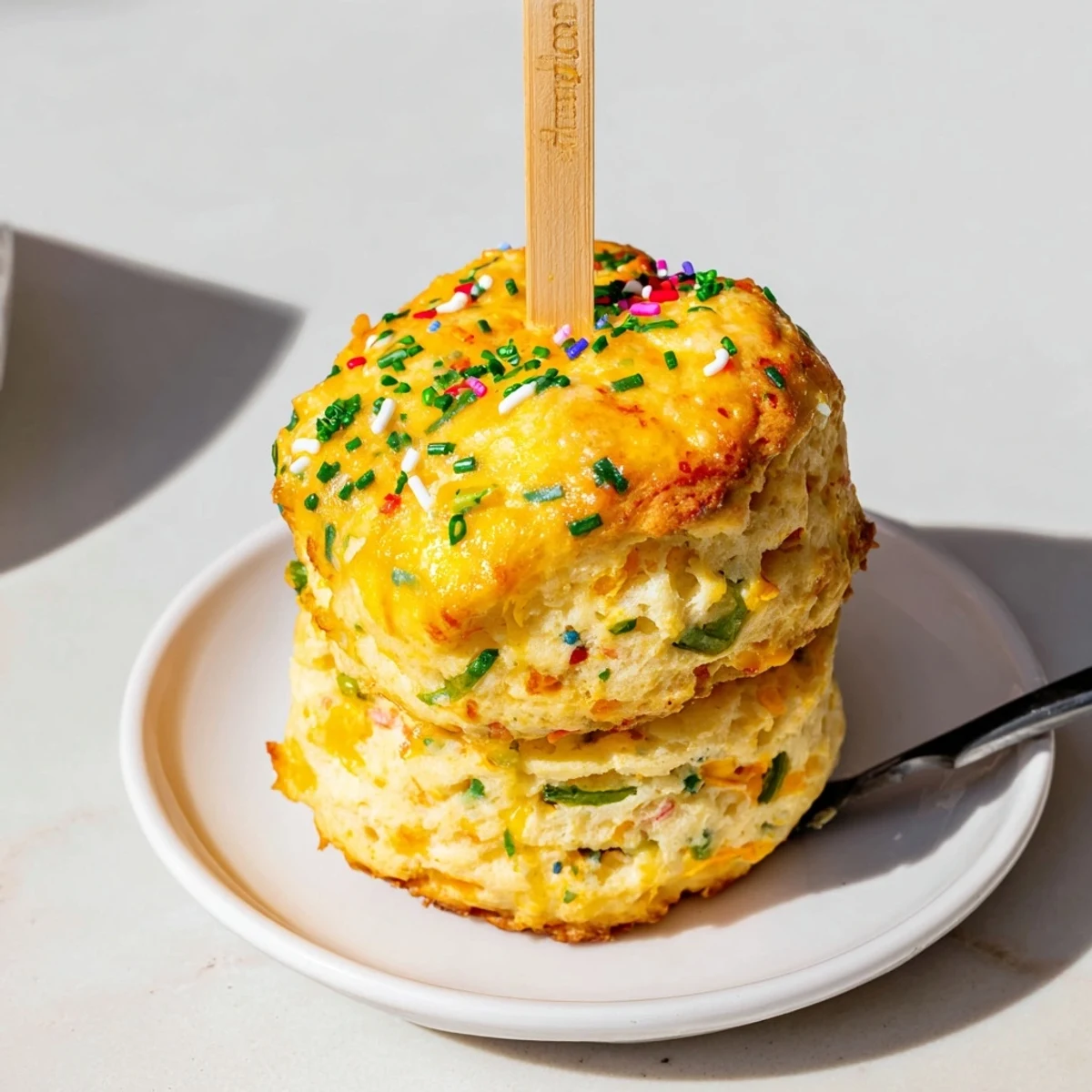 Cheddar Jalapeño Birthday Biscuit Muffin Pops, golden brown and cheesy, served on festive sticks.  