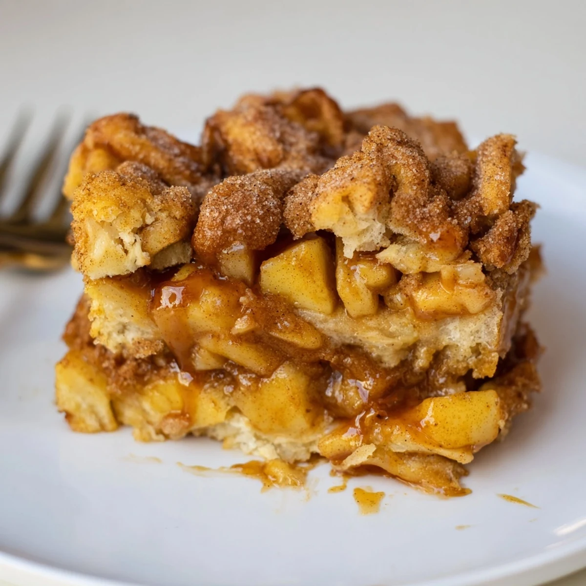 Layered Caramel Apple Churro Biscuit Bars topped with cinnamon sugar and caramel drizzle.
