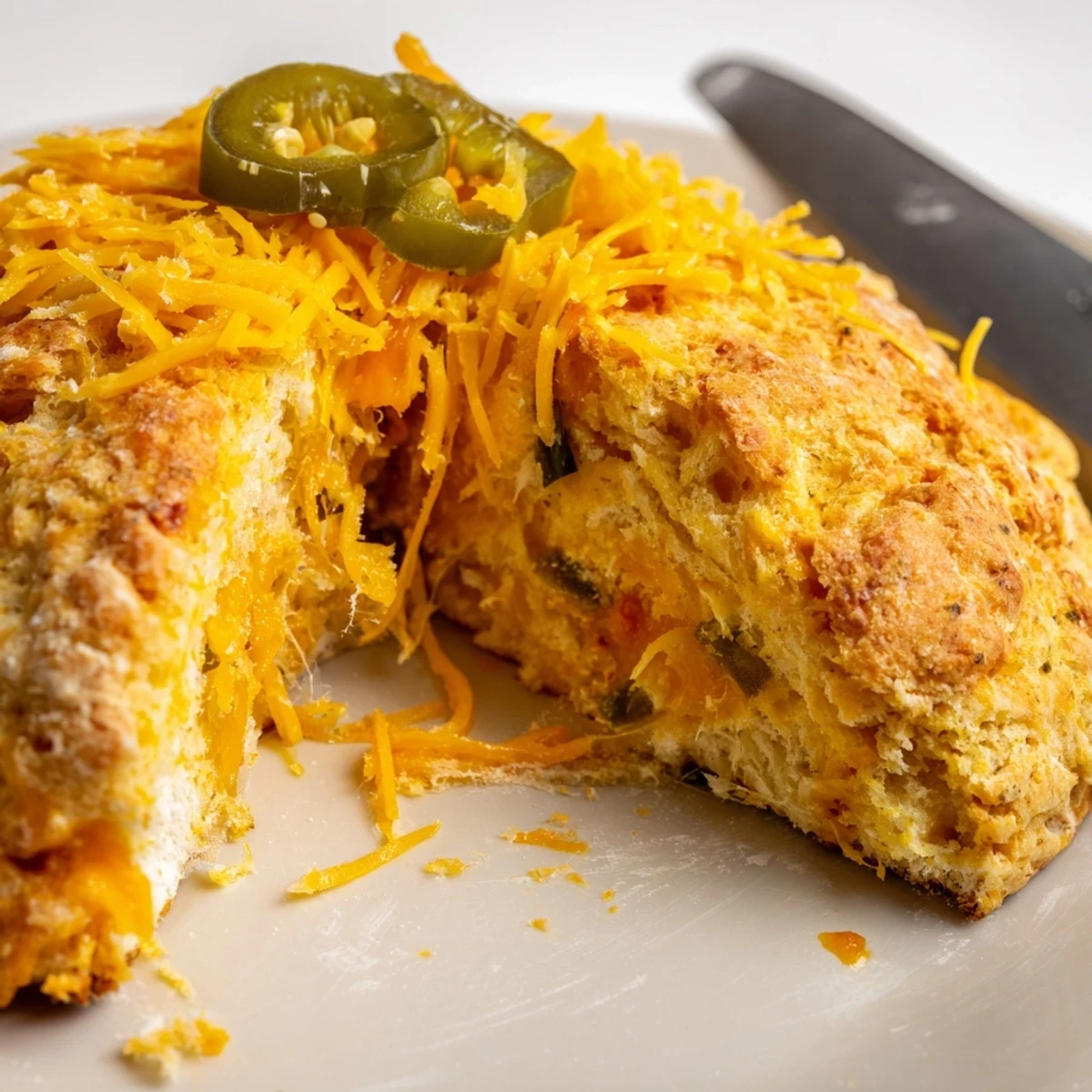 Gooey Cheesy Jalapeño Chaos Cake Scones on a rustic platter ready for brunch.  