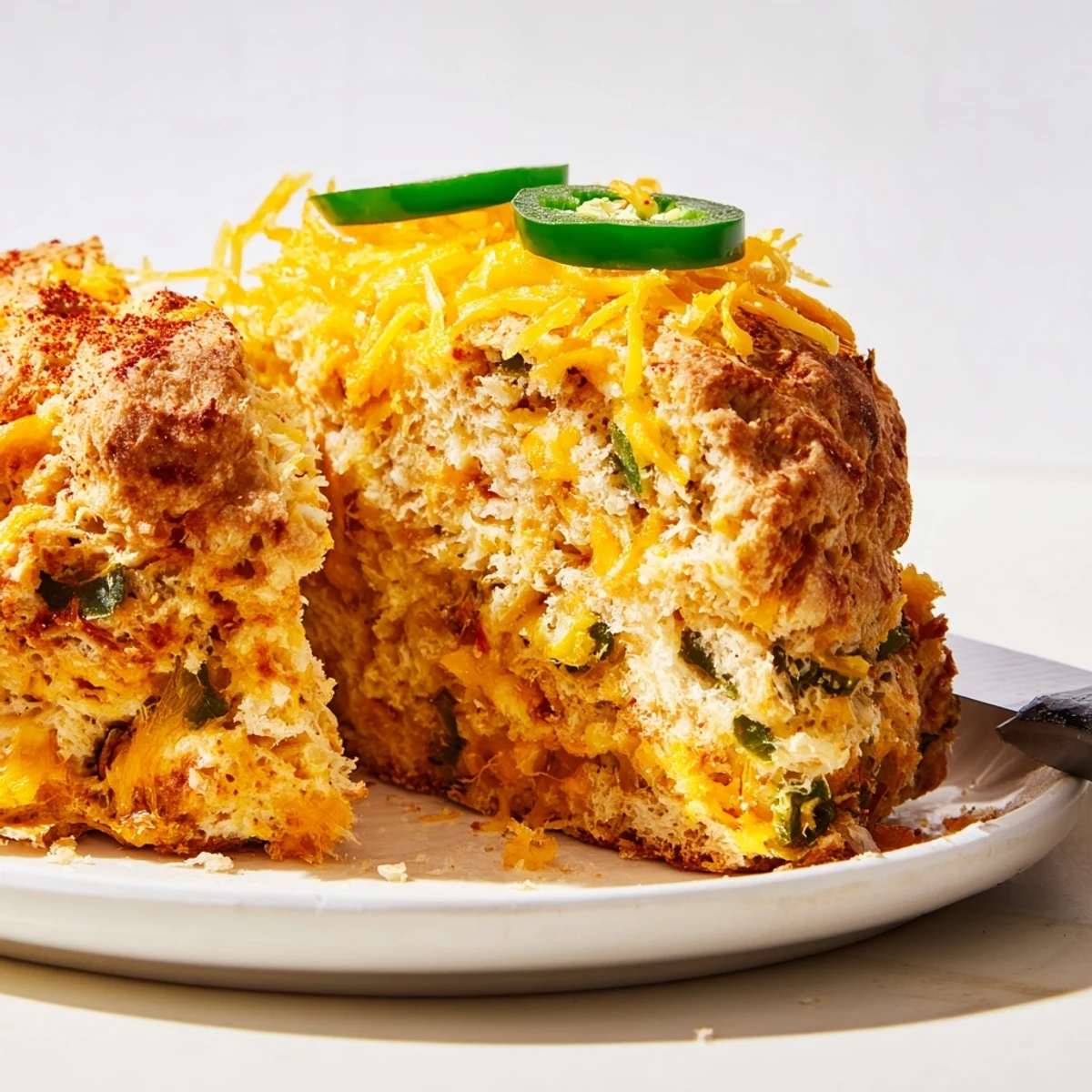 Freshly baked Cheesy Jalapeño Chaos Cake Scones topped with spicy jalapeño rings.