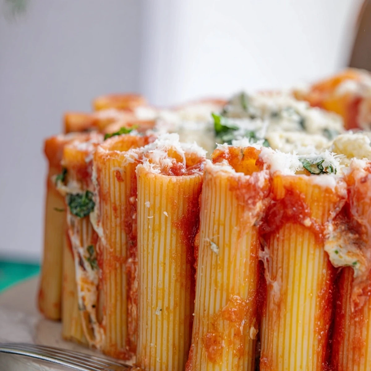 Golden-brown Honeycomb Pasta Cake filled with rich tomato sauce and creamy cheeses.  