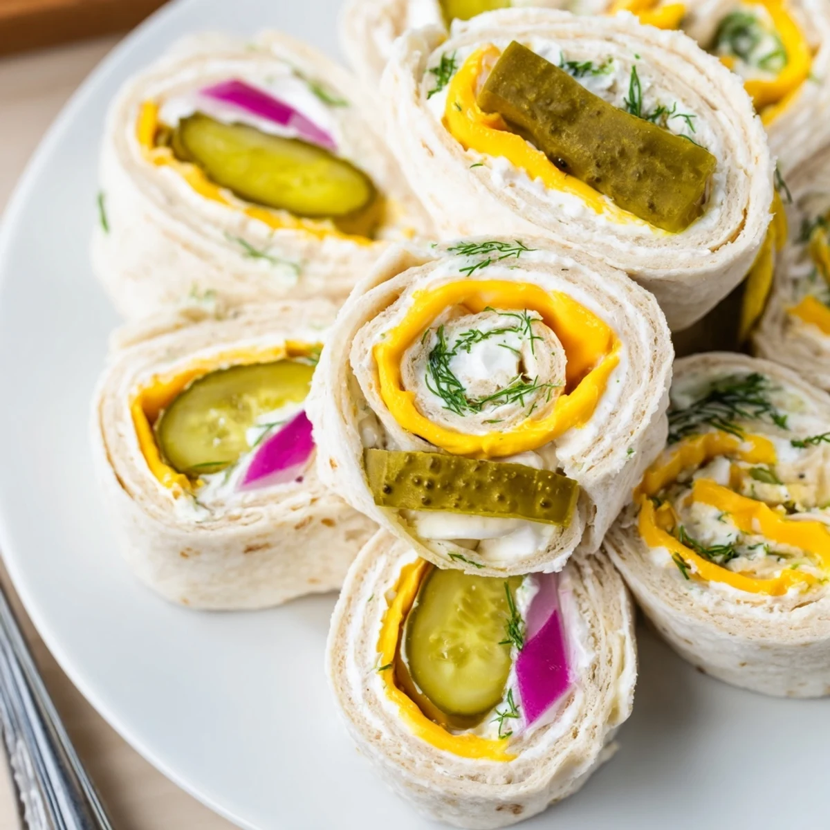 Delightful Pickle-in-a-Blanket wrapped in tortillas, featuring tangy pickles and rich cream cheese.  