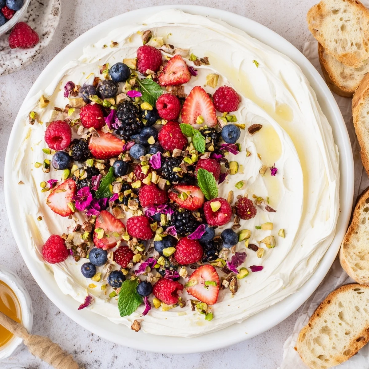 Delicious Butter Board Dessert Version topped with fresh berries and chocolate shavings.  