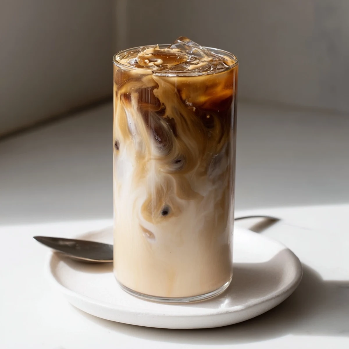 Rich tahini iced coffee with creamy cold brew and sweet maple accents.  