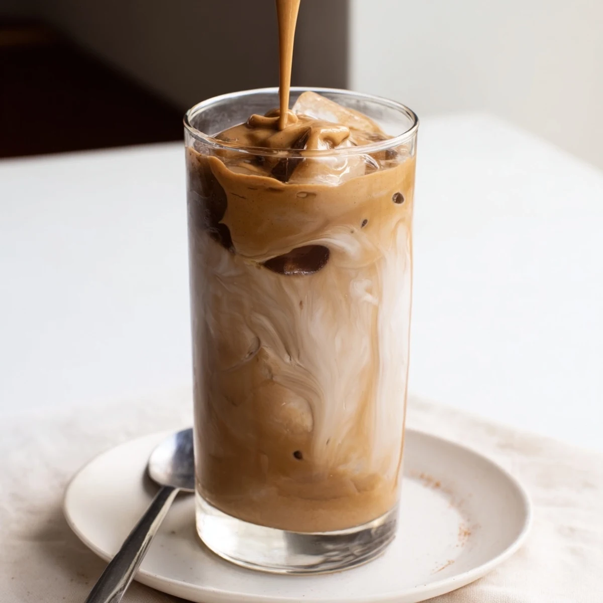 Deliciously smooth tahini iced coffee topped with frothy plant-based milk and ice.  