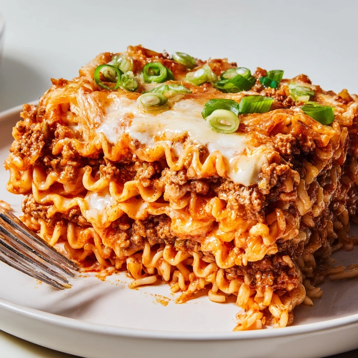 Spicy Ramen Lasagna with melted cheese and rich meat sauce, perfect for dinner.  
