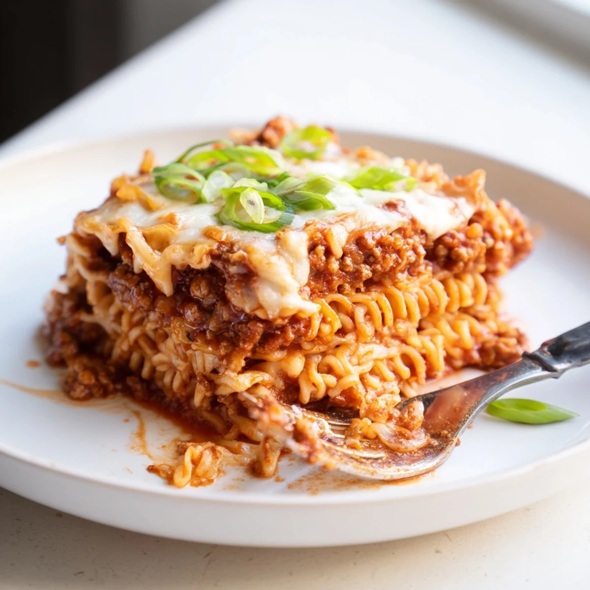 Comforting Spicy Ramen Lasagna piled high with zesty pork and gooey mozzarella goodness.