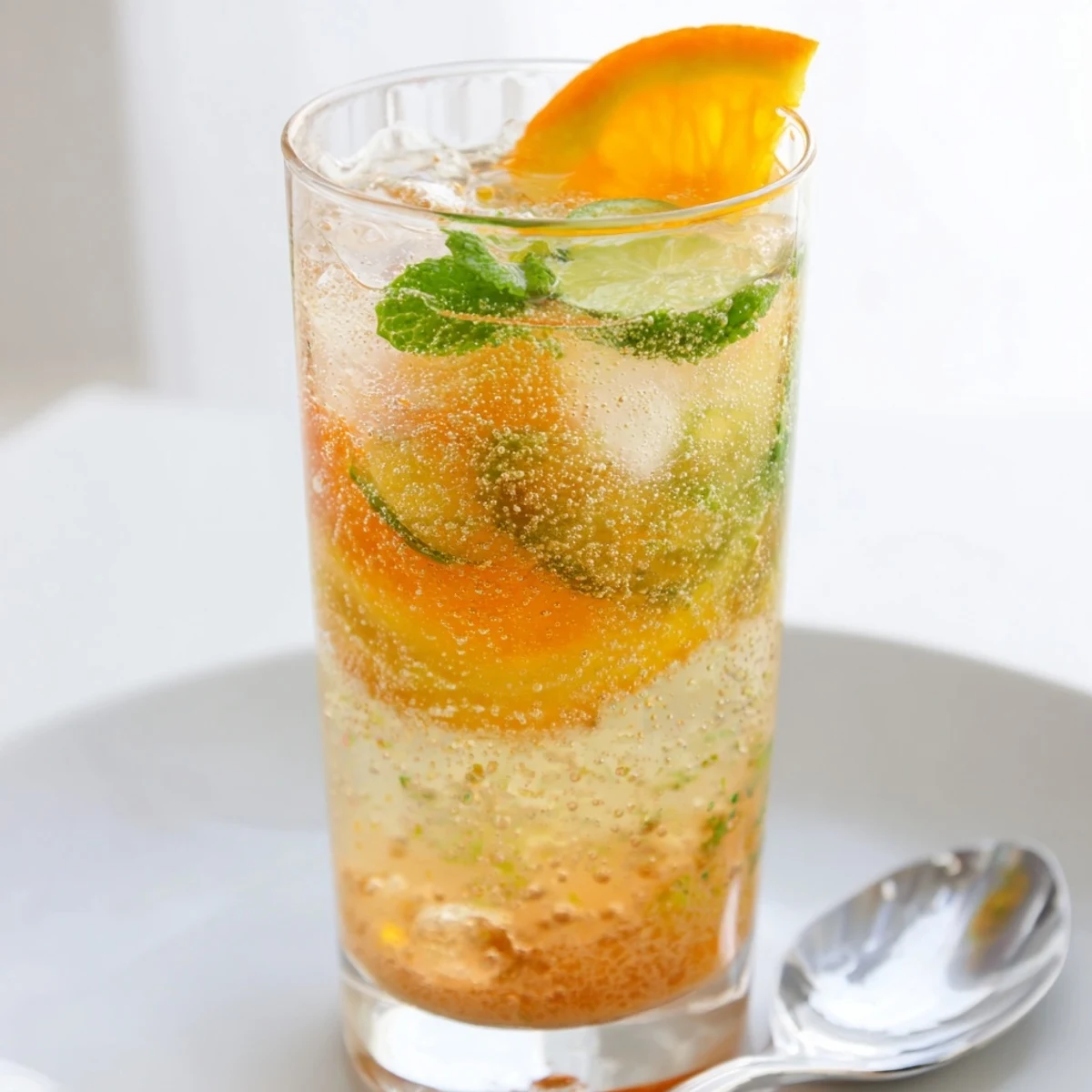 A vibrant Probiotic Soda Mocktail served over ice with fresh mint and citrus.  