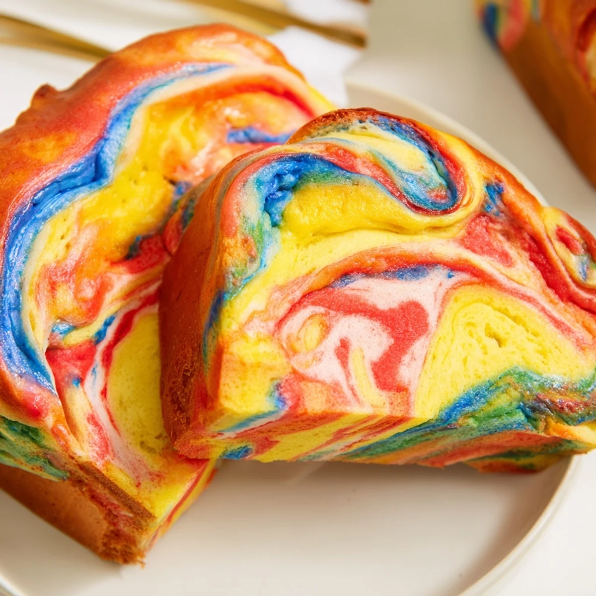 Fluffy cloud bread rainbow version with vibrant colors, perfect for festive brunches.  