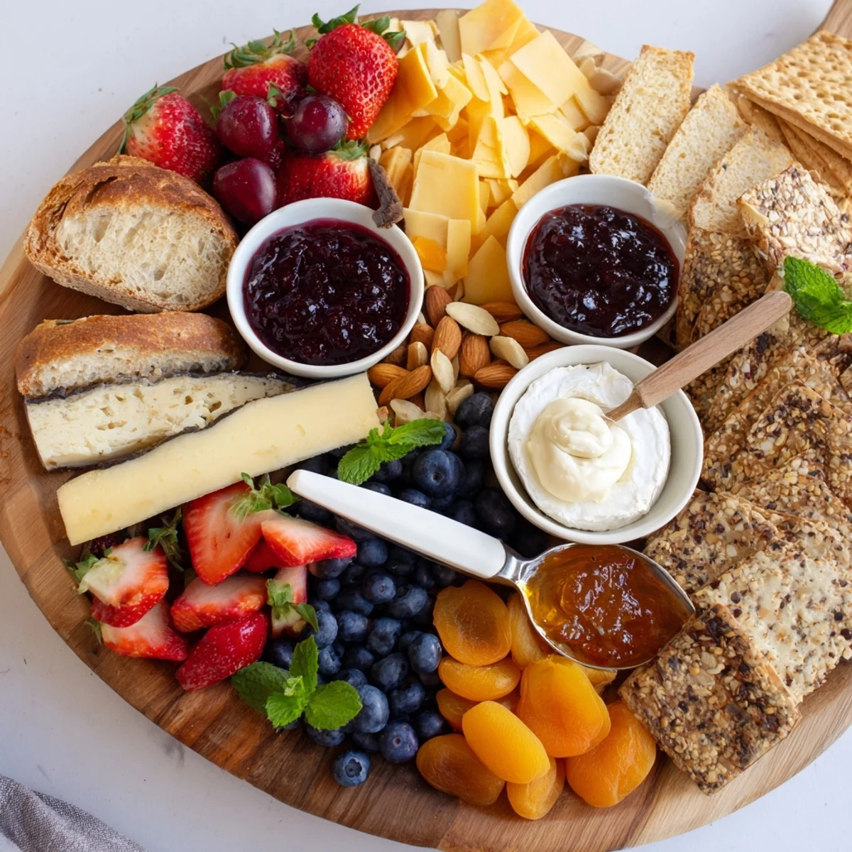 Colorful spread of jam-infused brunch board, perfect for sweet and savory gatherings.