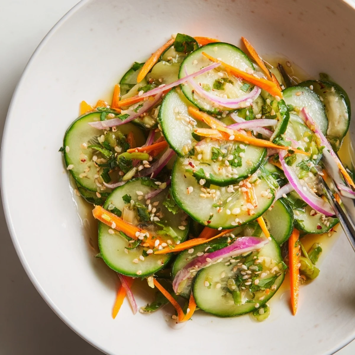 Crisp cucumber salad remix featuring a savory, zesty Asian-inspired flavor profile.  