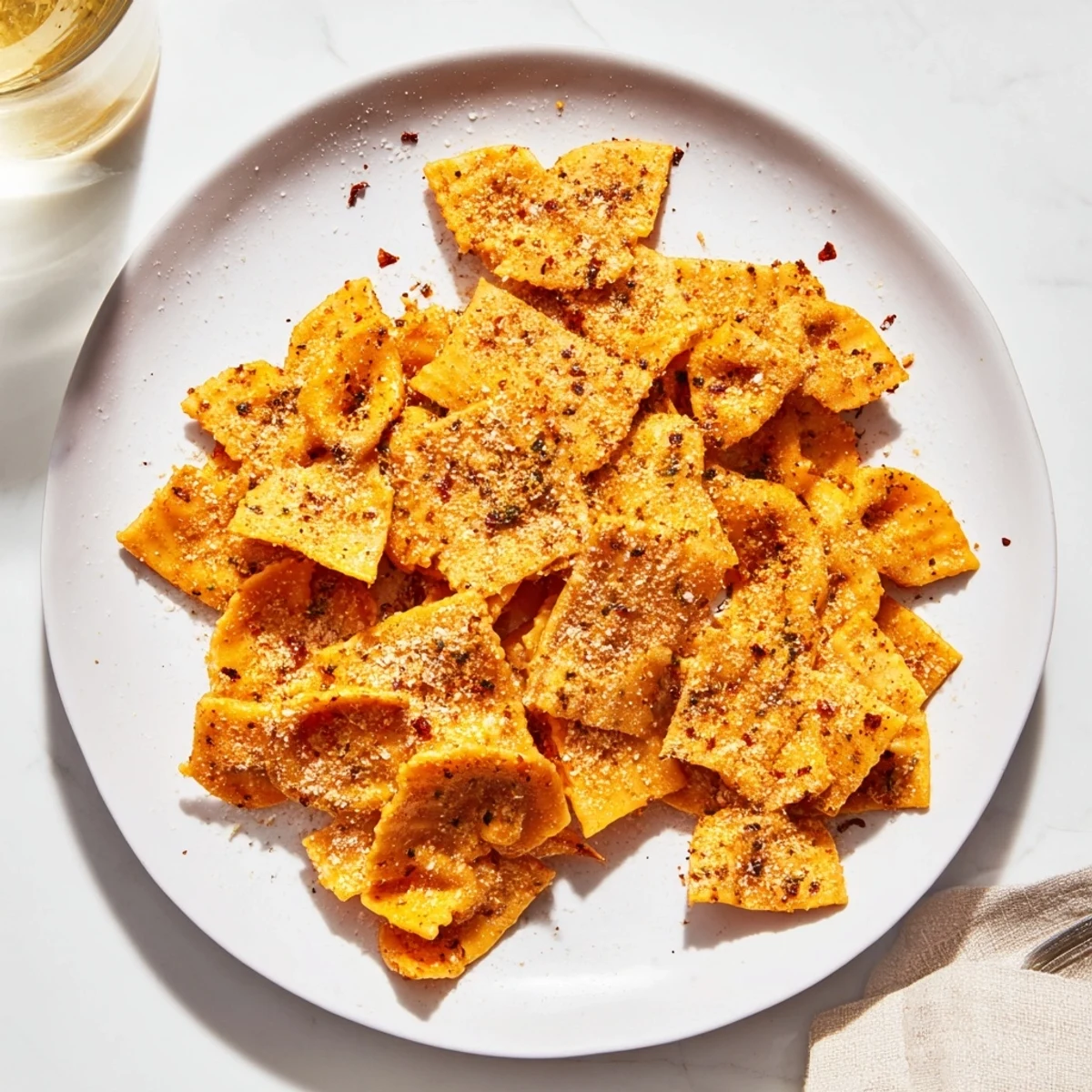 Crispy pasta chips seasoned variety, perfect for pairing with savory dipping sauces.  