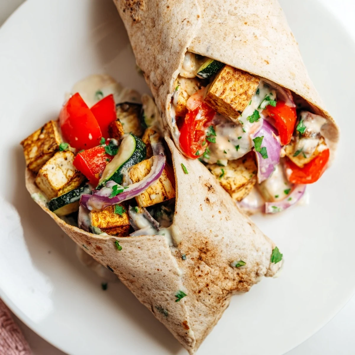Vegan Viral Recipe Re-make featuring colorful roasted vegetables and tofu in wraps.  