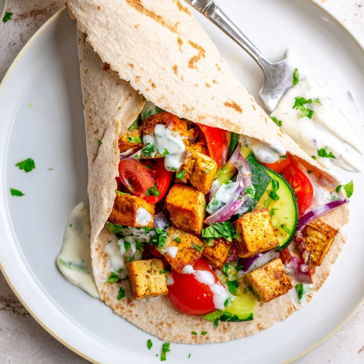 Delicious Vegan Viral Recipe Re-make topped with creamy tahini-yogurt sauce and parsley.  