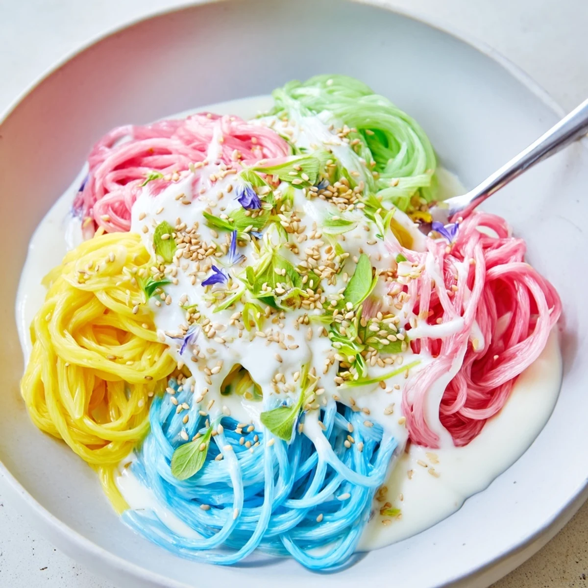 Vibrant Neon Noodle Cloud dish in creamy sauce garnished with colorful scallions.  