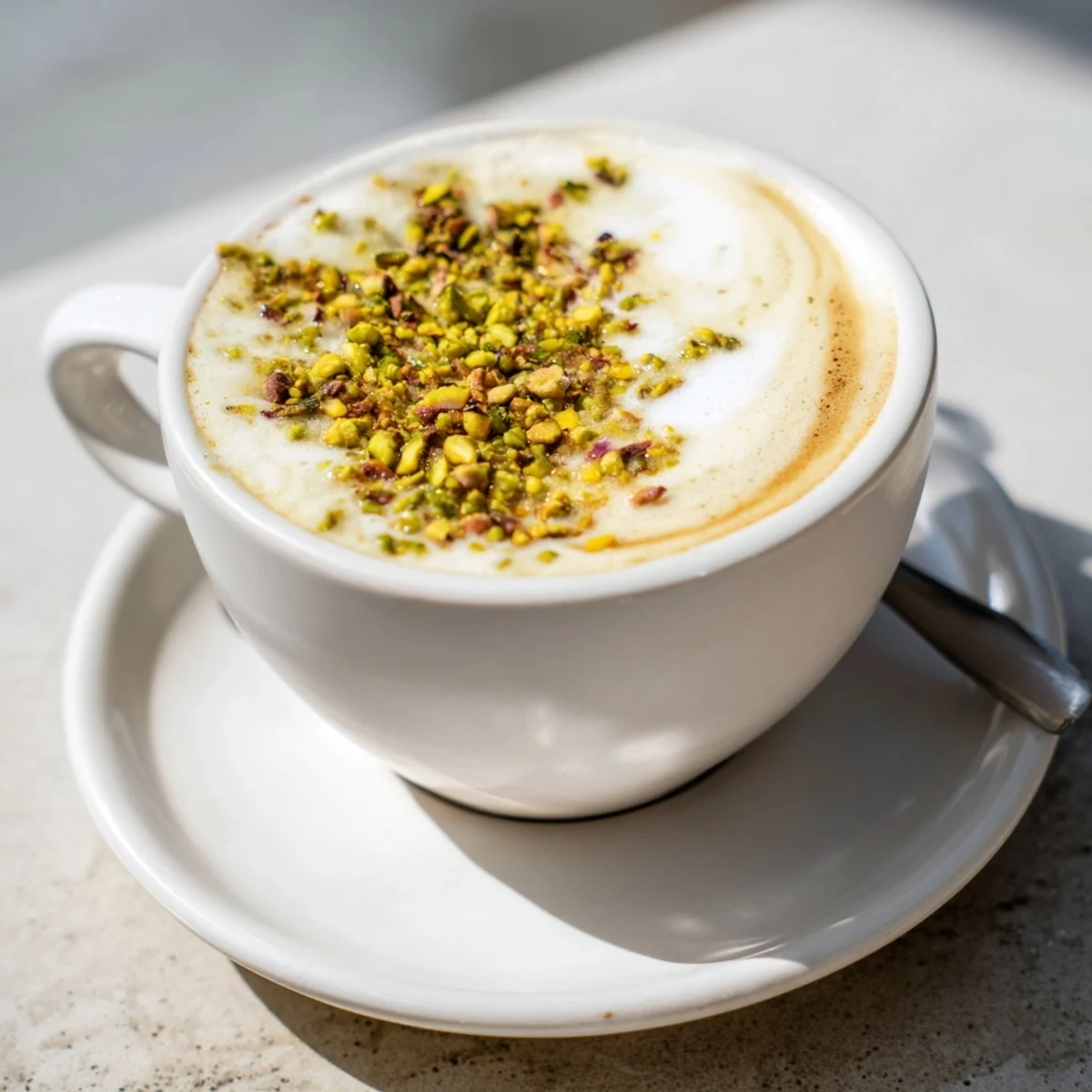 Creamy pistachio milk latte topped with crushed nuts and frothy goodness.  