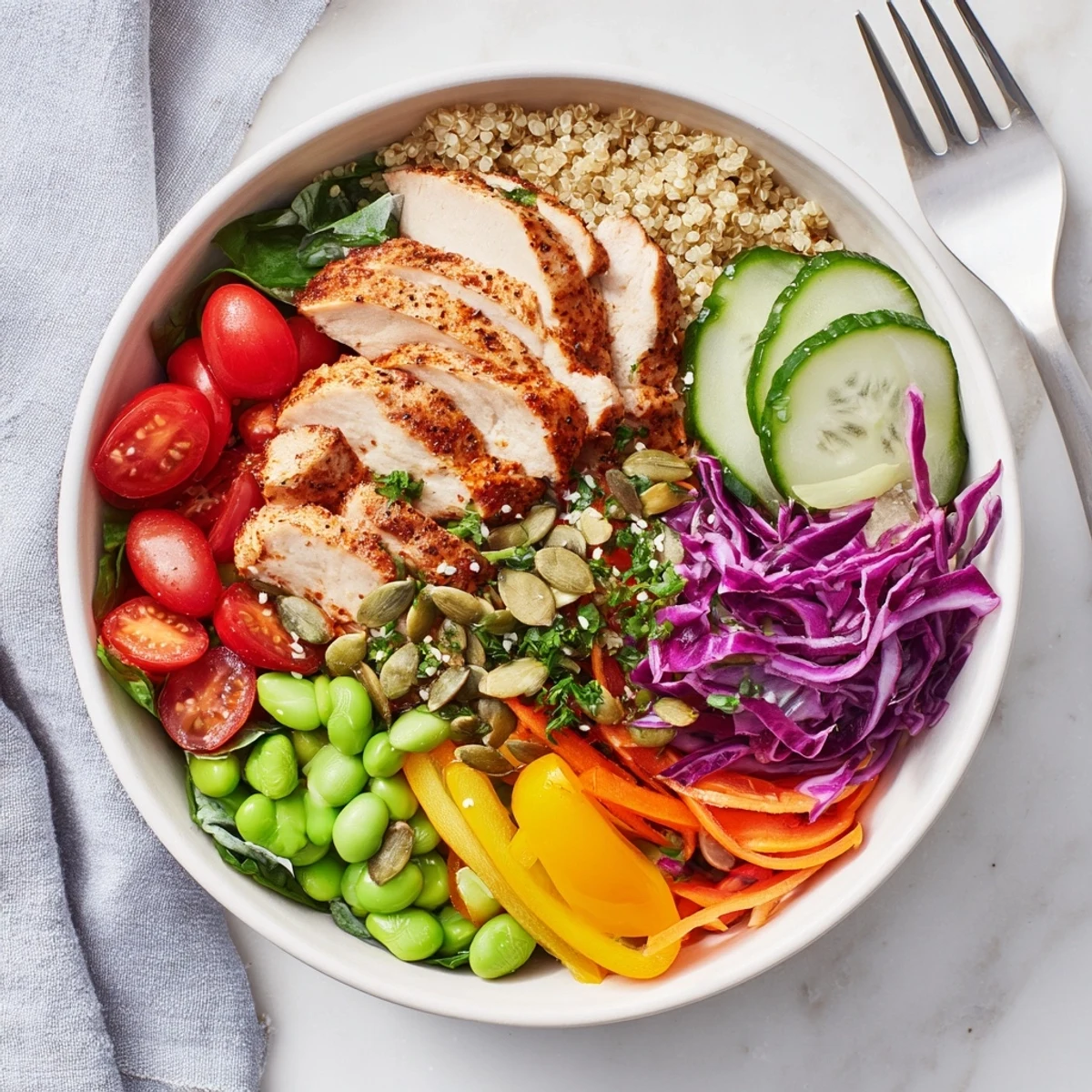 Vibrant Healthy Meal-Prep Bowls showcasing fresh produce, grains, and zesty dressing drizzled on top.  