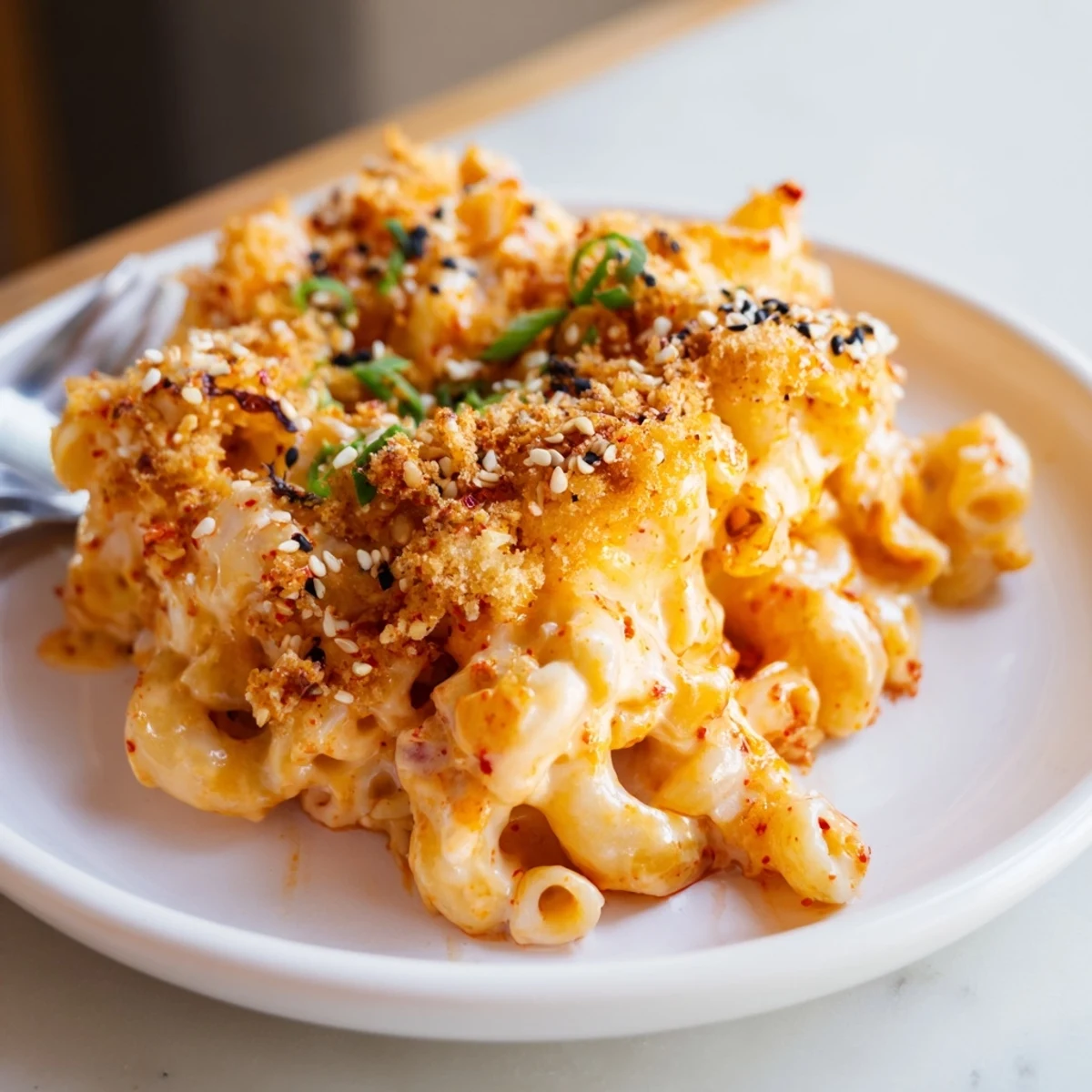 Creamy Spicy Kimchi Mac & Cheese topped with crunchy panko and sesame seeds.  