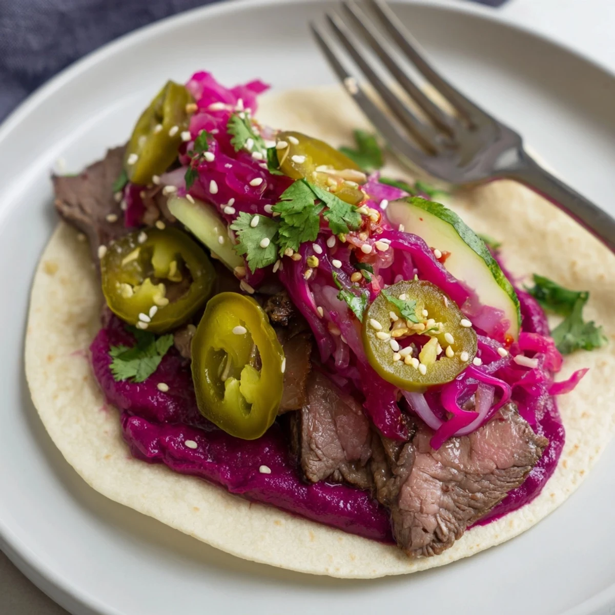 Delicious beef or tofu Global Street-Food Fusion Bowls layered with colorful toppings and sauce.  