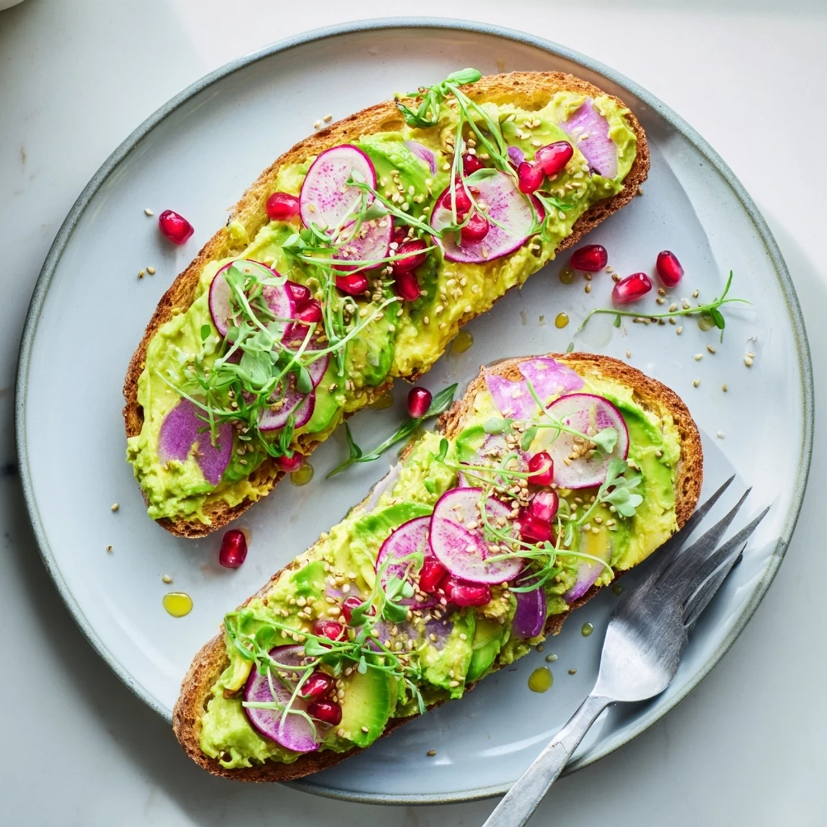 Flavorful breakfast toasts with ube and avocado, garnished with radishes and pomegranate.