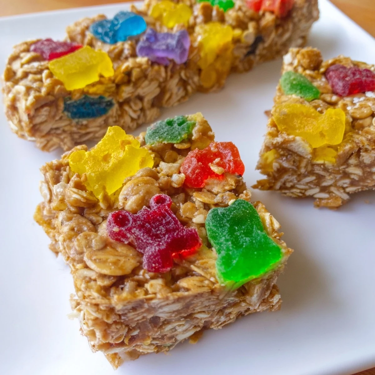 Colorful DIY Snack Bars topped with chewy gummies and crispy freeze-dried fruit