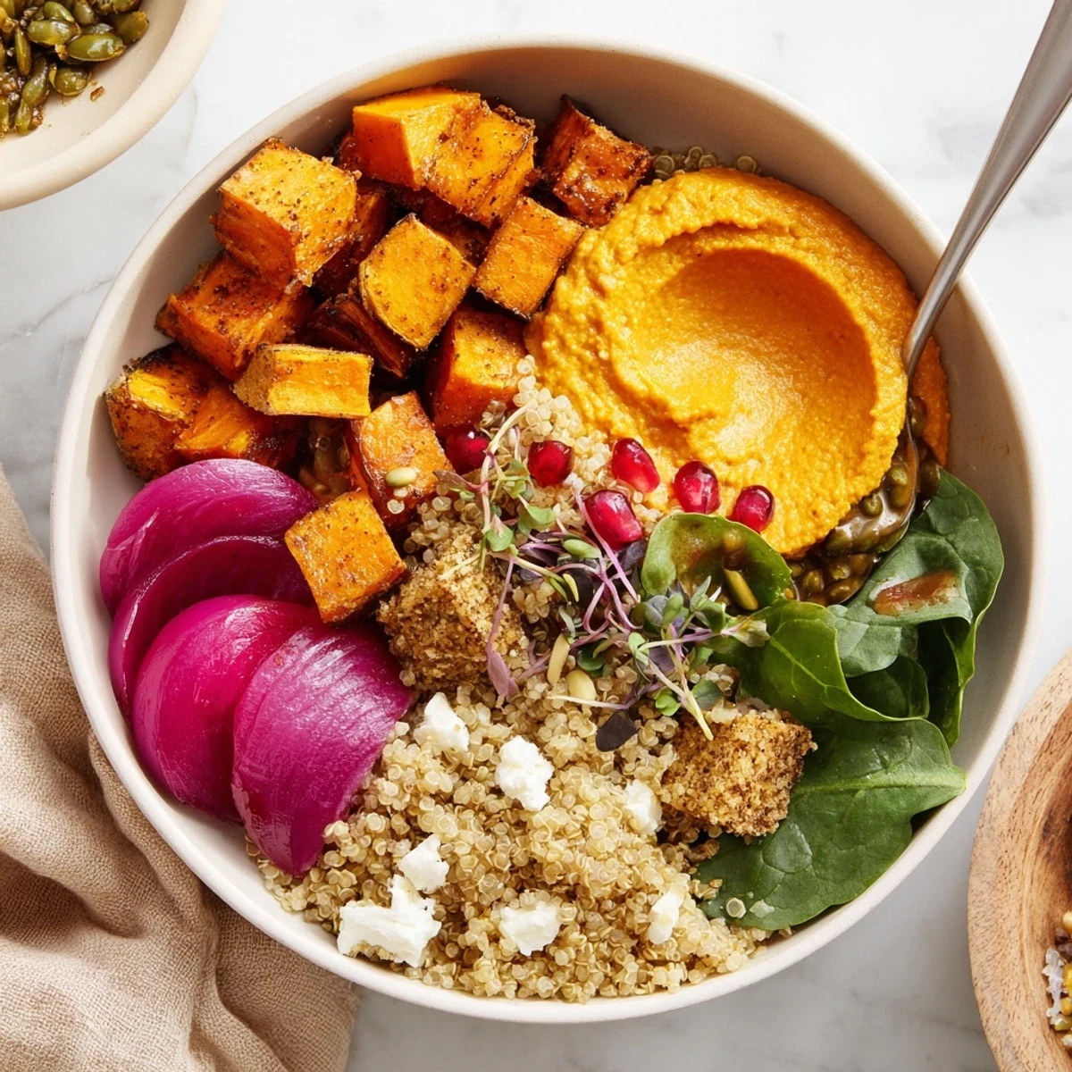 Colorful spiced winter bowls featuring sweet potatoes and a crunchy pistachio-maple crumble.  