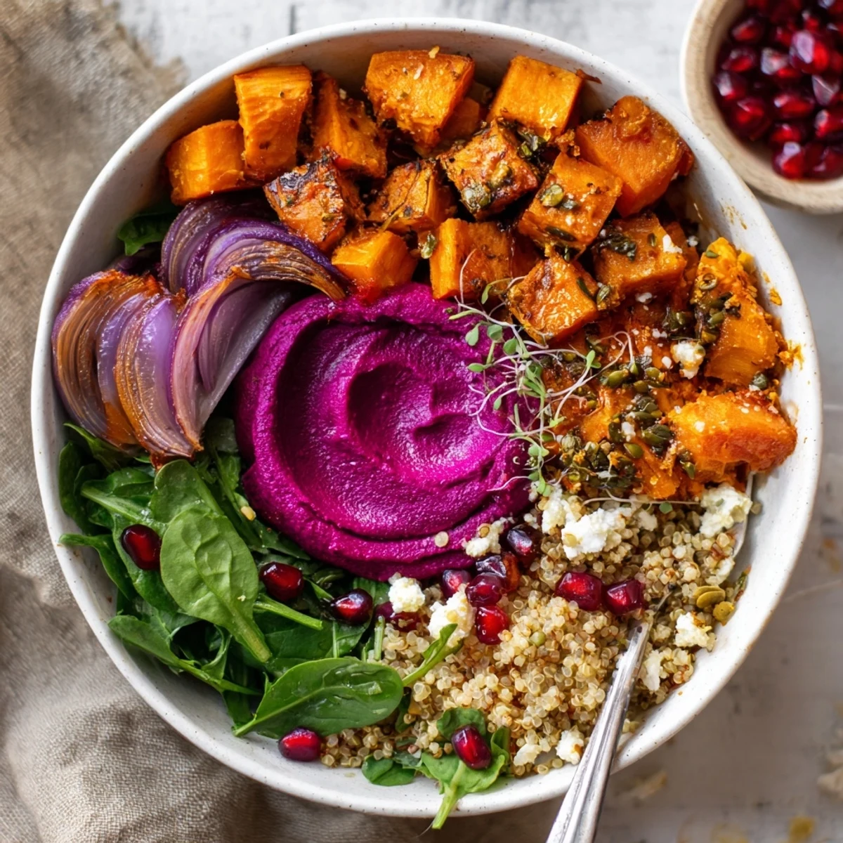 Cozy spiced winter bowls filled with roasted vegetables and creamy ube-coconut purée.  