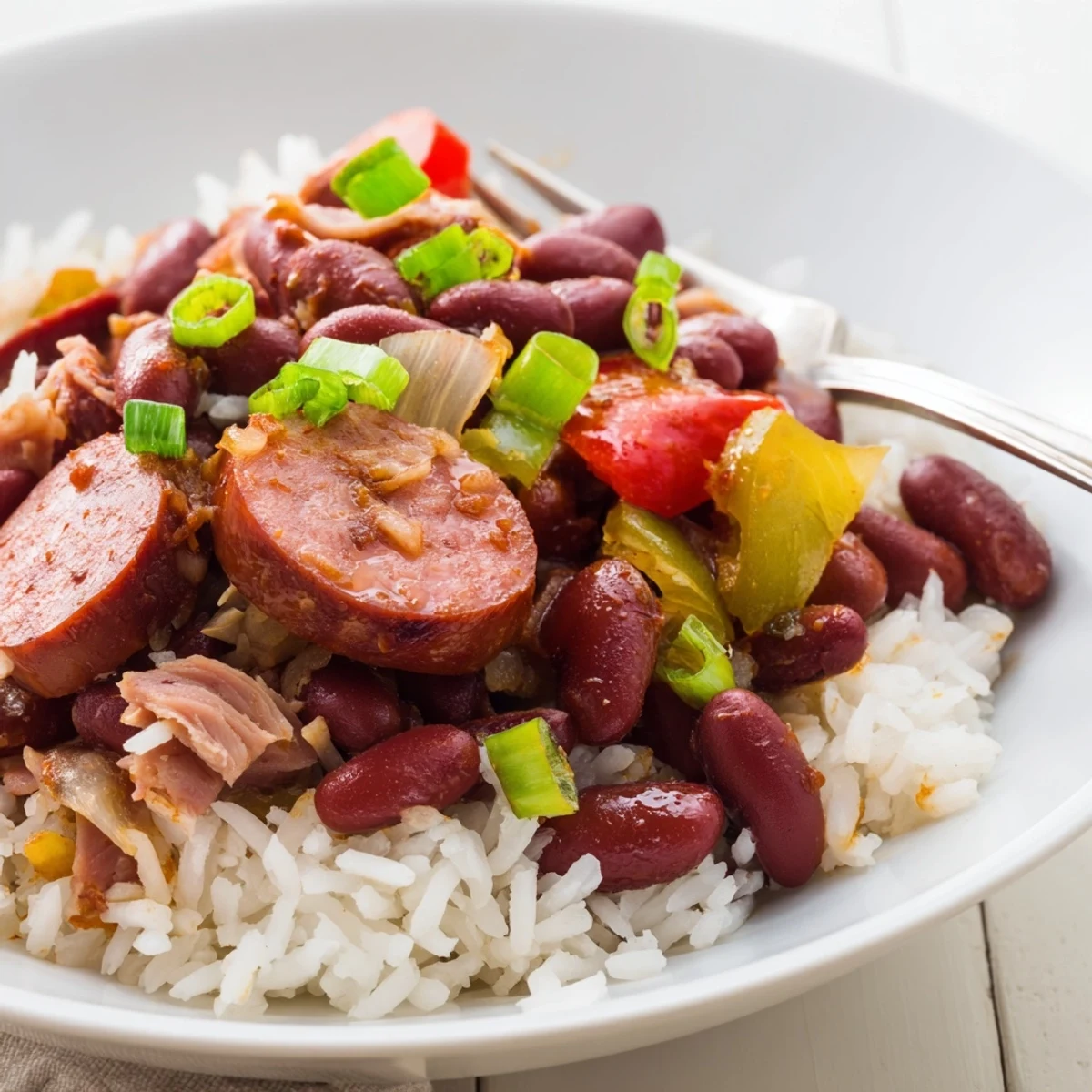 Hearty red beans and rice topped with sausage and vibrant green onions.  