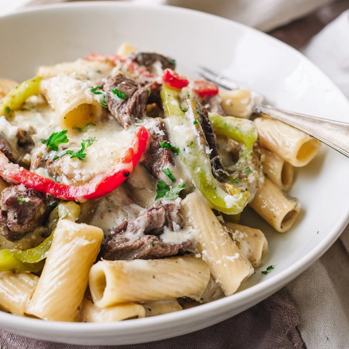 Delicious Philly Cheese Steak Pasta, featuring tender beef and melted cheese goodness.  