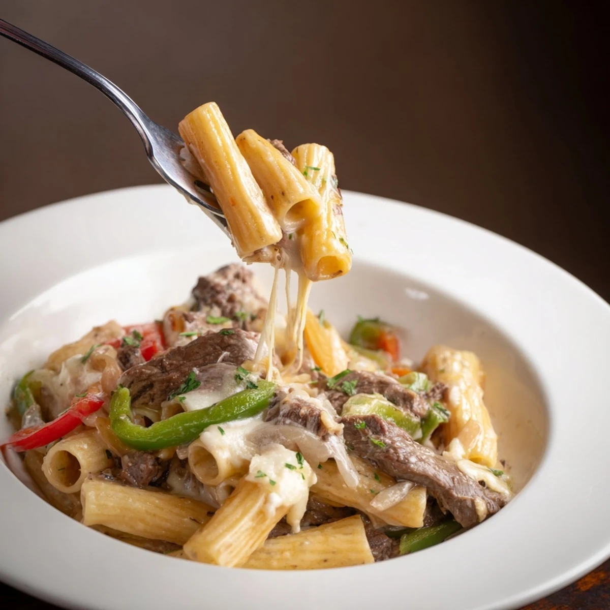 Flavor-packed Philly Cheese Steak Pasta garnished with parsley, perfect for family dinners.