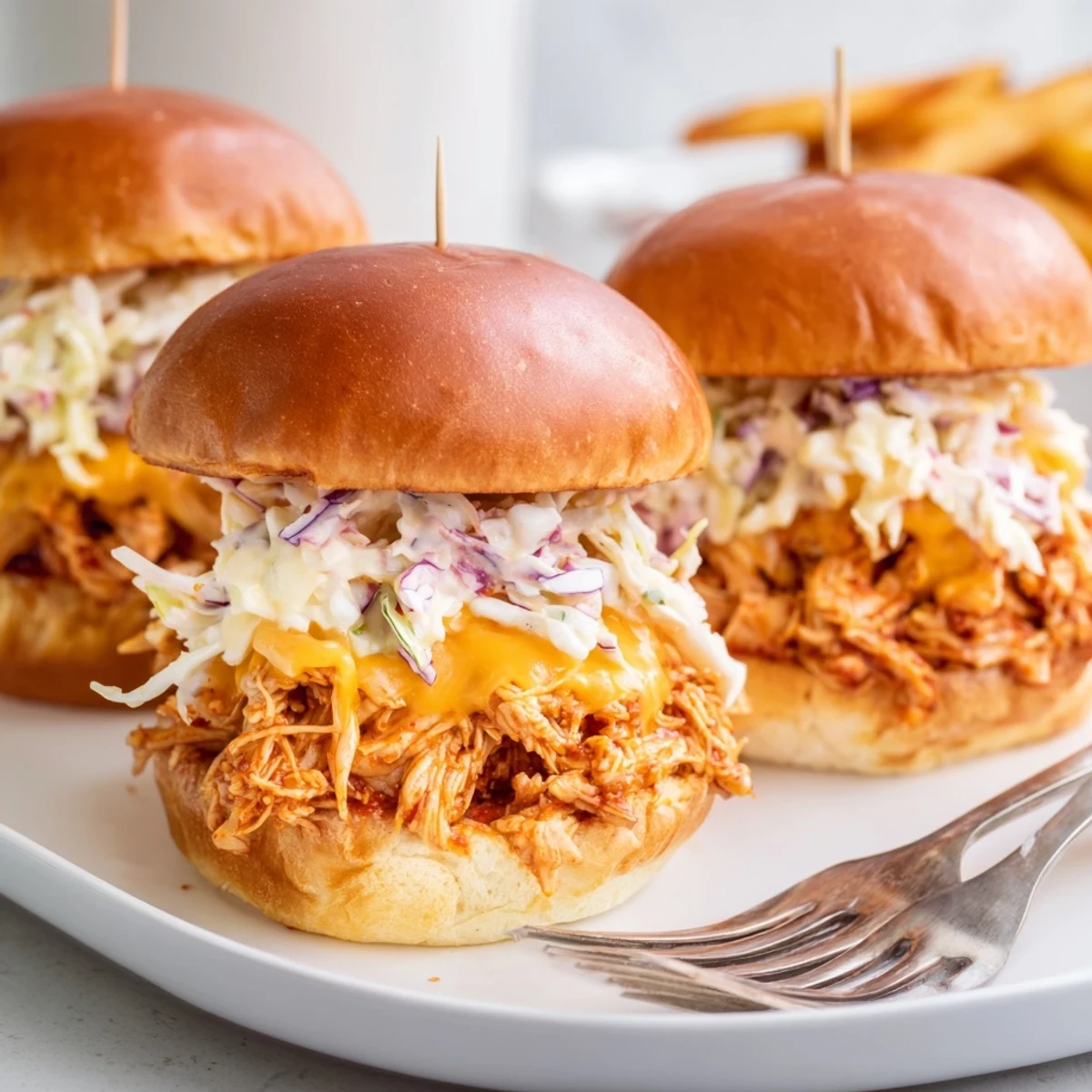 Tender shredded BBQ chicken nestled in slider buns, paired with golden fries for crunch.  