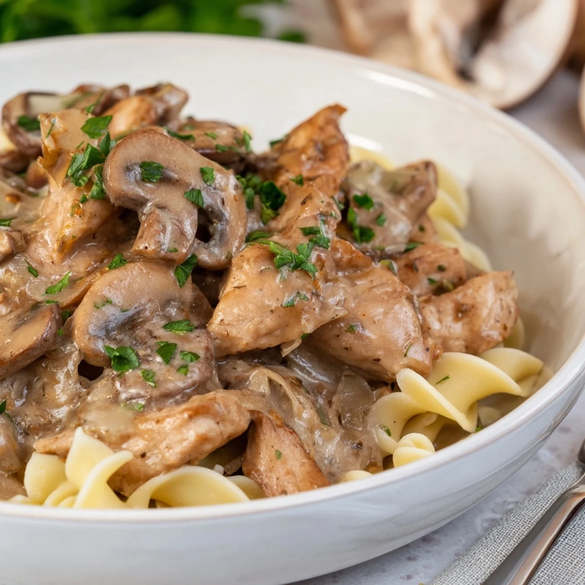 Creamy Chicken Stroganoff served over noodles, topped with fresh parsley and mushrooms.  