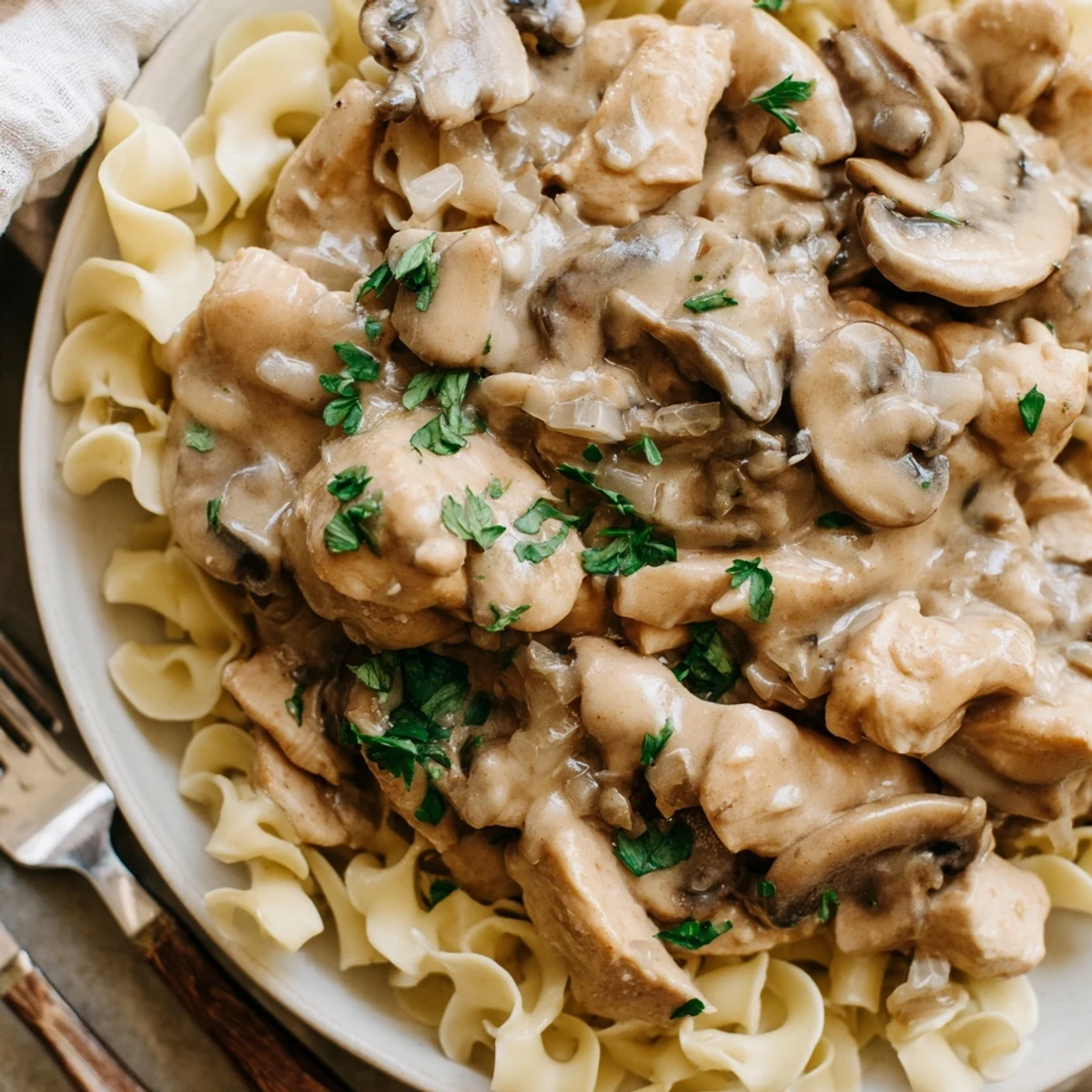 Richly seasoned Creamy Chicken Stroganoff with tender chicken, mushrooms, and a silky sauce.  