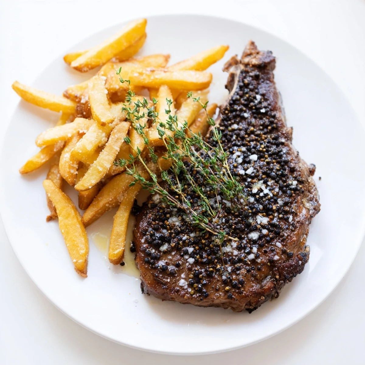 Juicy Classic Peppercorn Ribeye glistening from the pan, served with a pile of golden-brown crispy fries.