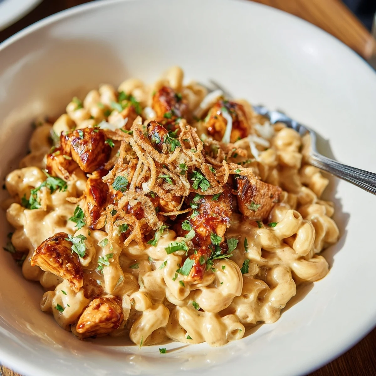 Creamy One-Pot Honey BBQ Chicken Mac and Cheese, bubbling with melted cheese and tender chicken.