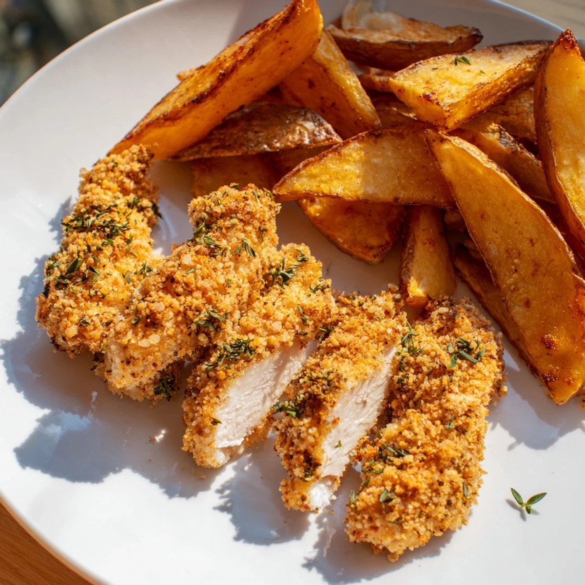 Golden-brown, crispy herbed chicken tenders alongside rustic potato wedges, a satisfying American meal.