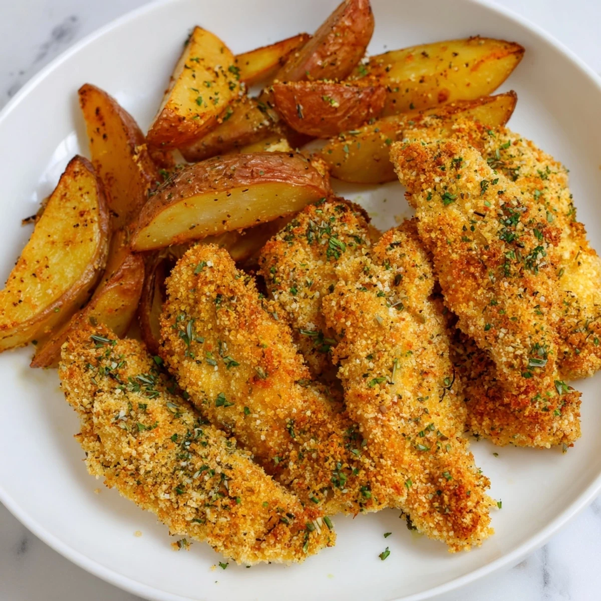 Perfectly seasoned herbed chicken tenders and baked potato wedges, a gluten-free friendly family favorite.