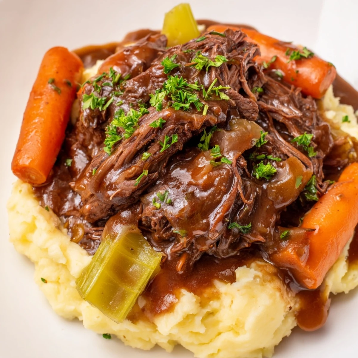 Tender Slow Cooker Pot Roast with rich gravy, served beautifully over fluffy mashed potatoes.