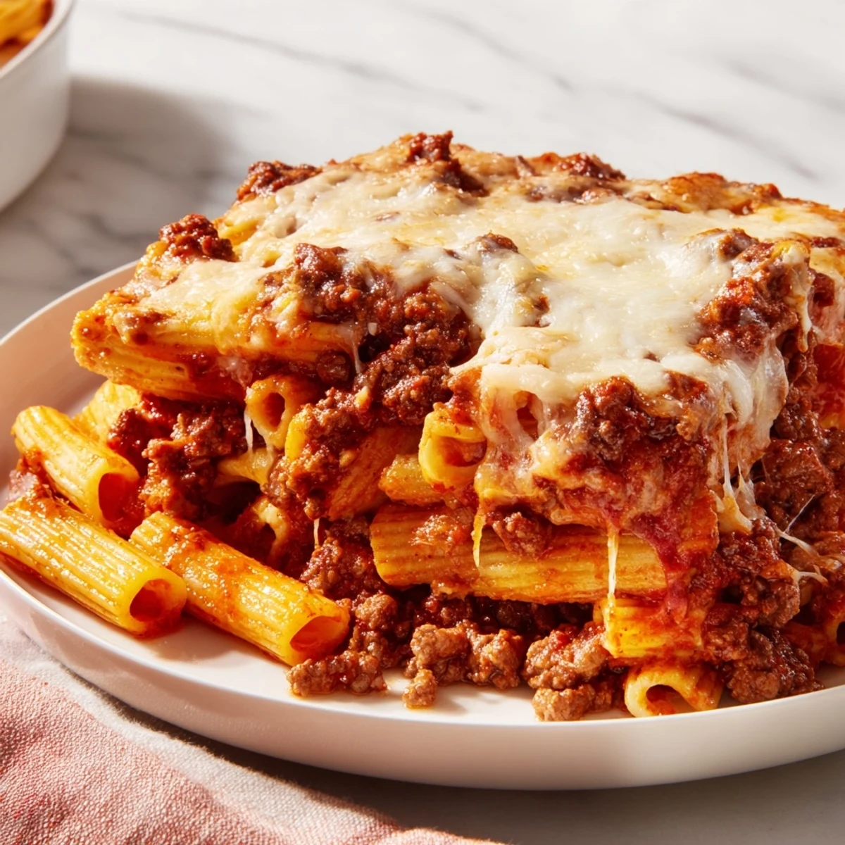 Golden, bubbling Cheesy Beef & Penne Bake with a delicious melted cheese crust, ready to serve.